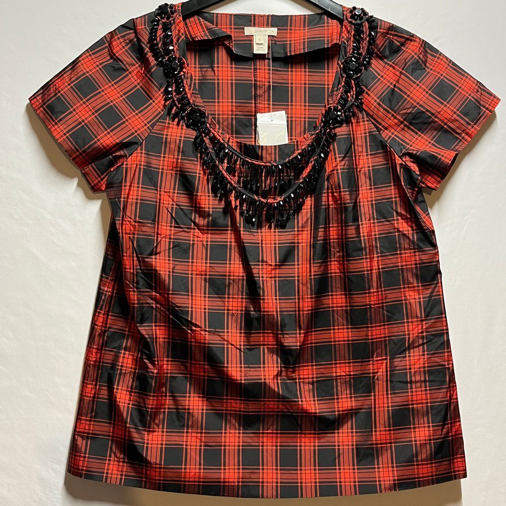 NWT J.Crew Red Plaid Silk Blouse with Black Beaded‎ Neckline Detail Women's 6